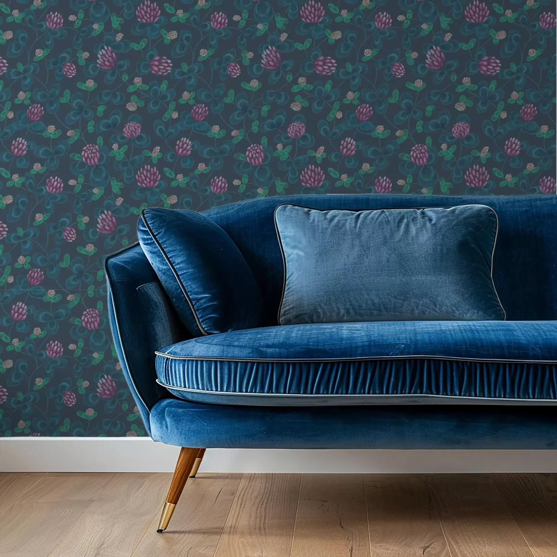 τοιχογραφίες Τριφύλλι με μοβ λουλούδια σε σκούρο μπλε φόντο a00836