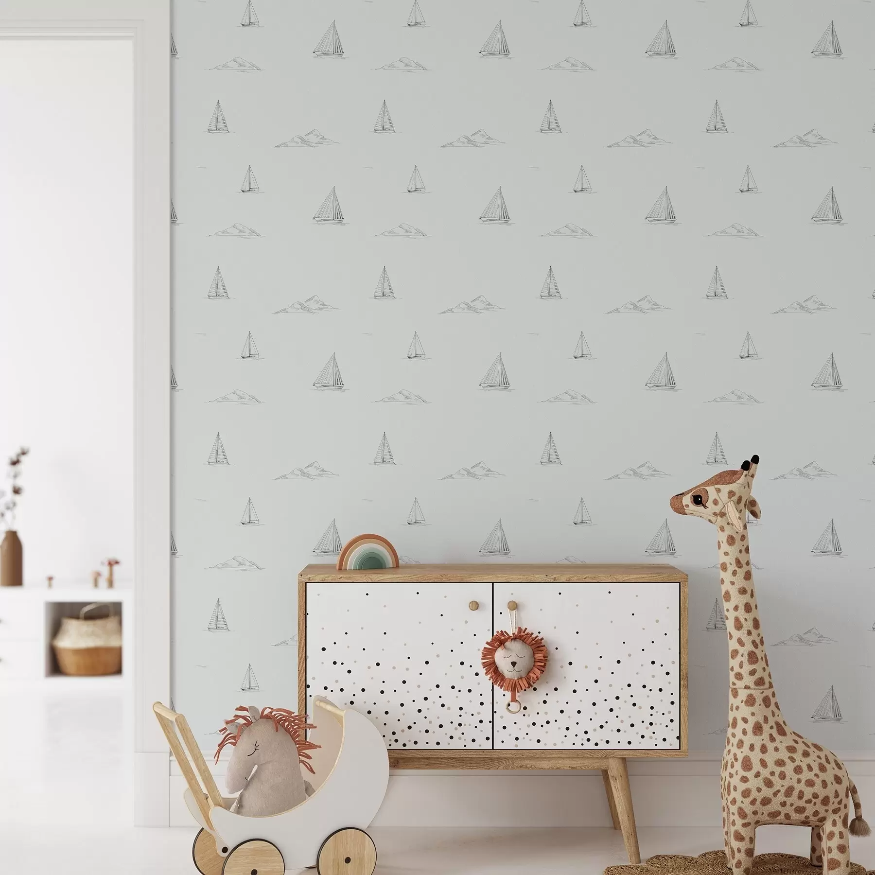 τοιχογραφίες Σκίτσα γιοτ και νησιών, δροσερό μπλε-γκρι φόντο a00654