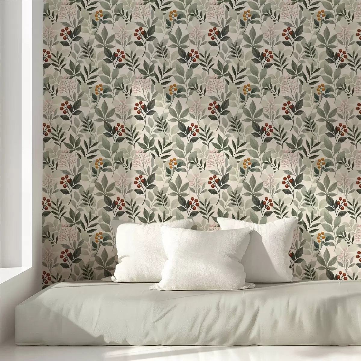 Ταπετσαρία Φύλλα με μούρα, ανοιχτόχρωμο φόντο a00713