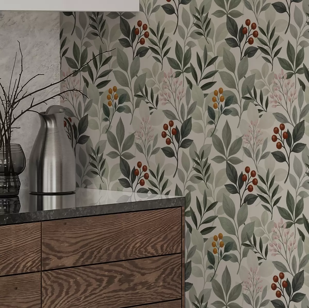 Ταπετσαρία Φύλλα με μούρα, ανοιχτόχρωμο φόντο a00713 Ταπετσαρία Φύλλα με μούρα, ανοιχτόχρωμο φόντο a00713
