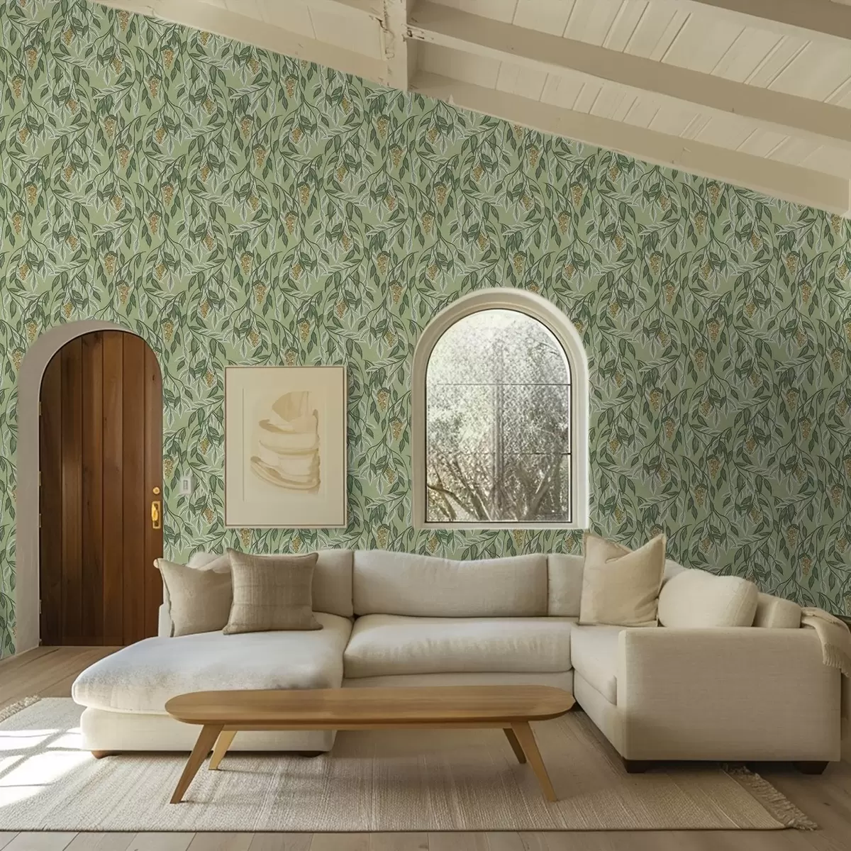 Ταπετσαρία Κλαδιά με τσαμπιά μούρων σε πράσινο φόντο a00734