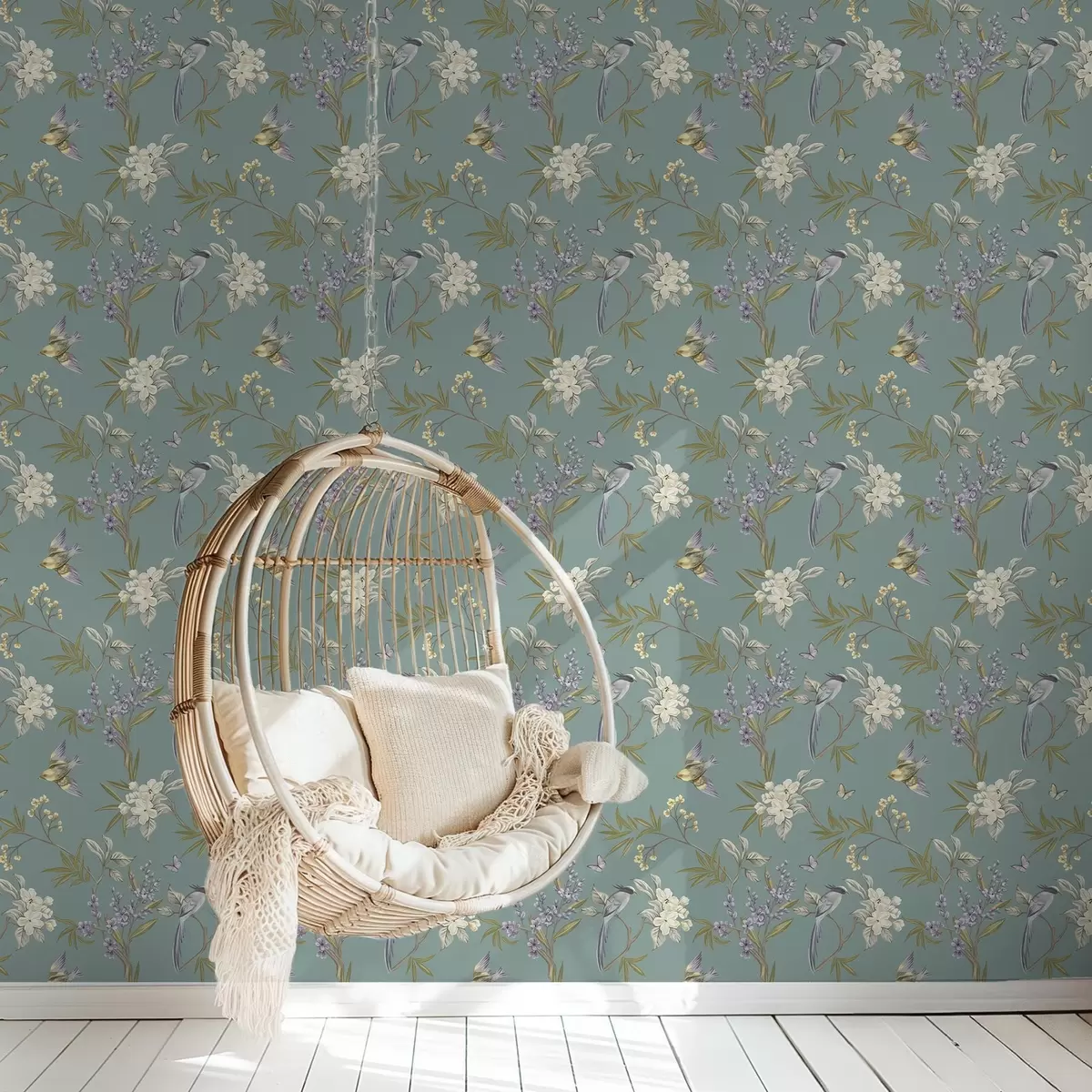Ταπετσαρία Πουλιά, λουλούδια και πεταλούδες σε μπλε-γκρι φόντο a00735
