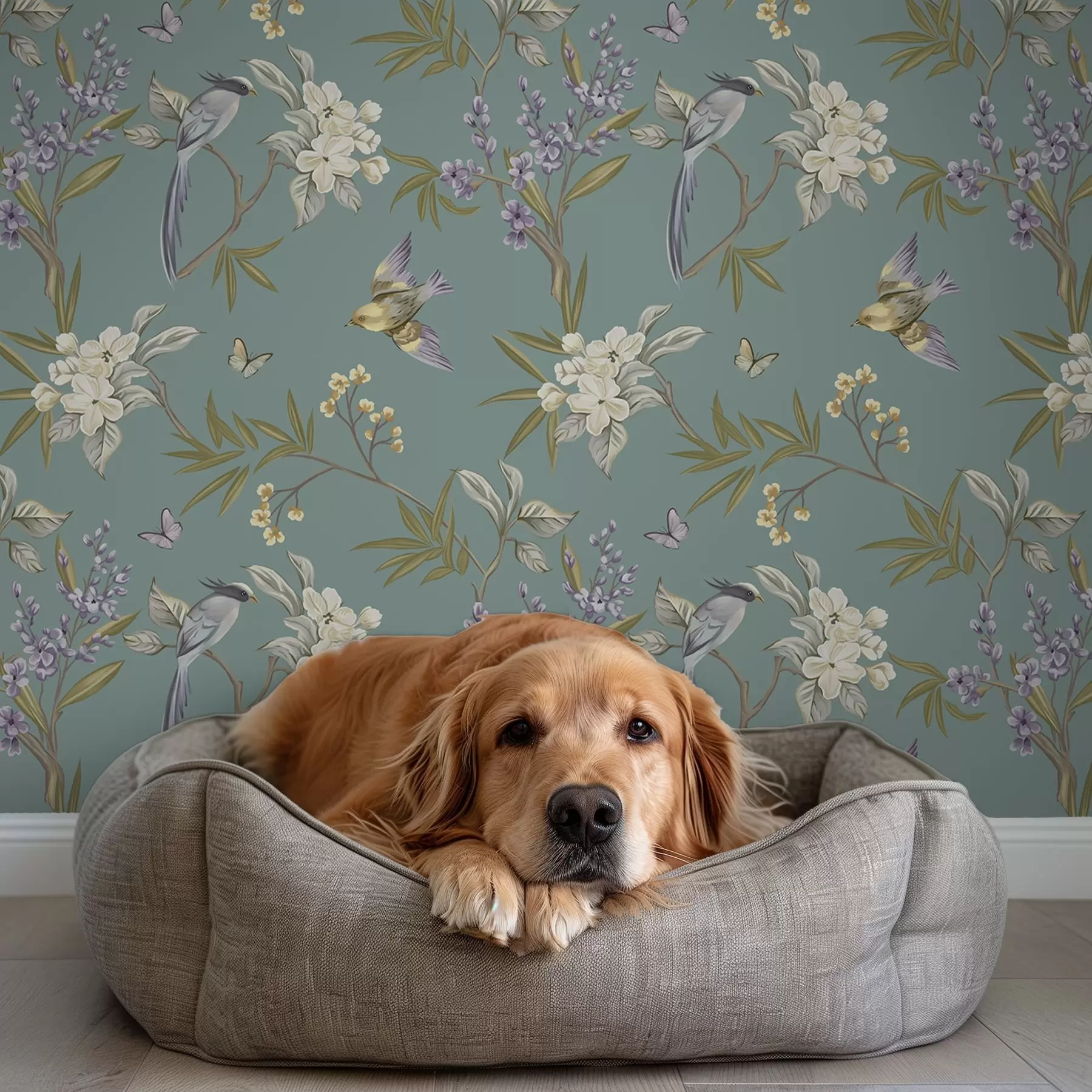 τοιχογραφίες Πουλιά, λουλούδια και πεταλούδες σε μπλε-γκρι φόντο a00735