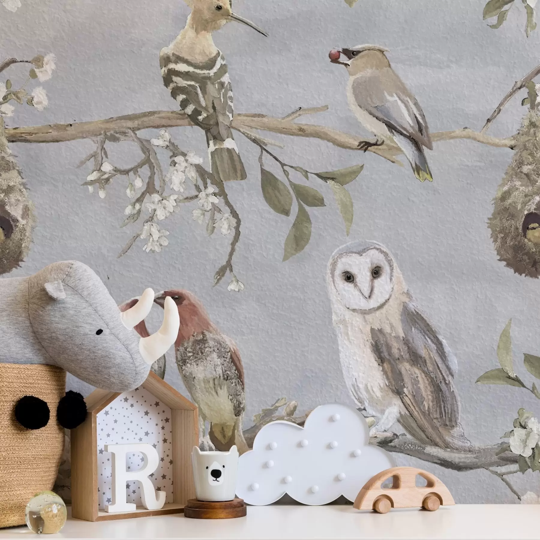 τοιχογραφίες Πουλιά σε κλαδιά με λουλούδια σε γκρι φόντο a00738