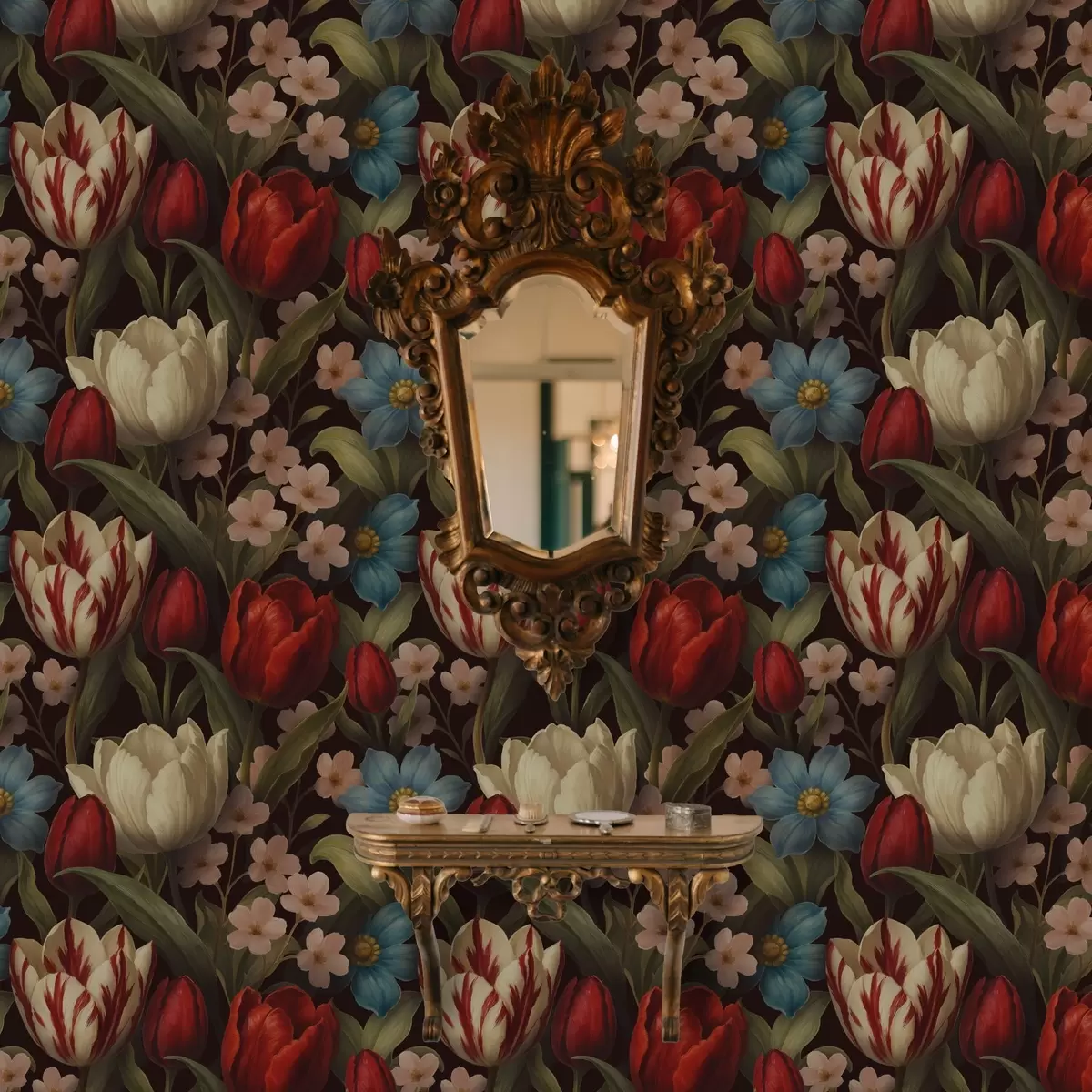 Ταπετσαρία Φωτεινά τουλίπες και μπλε λουλούδια σε σκούρο φόντο a00746