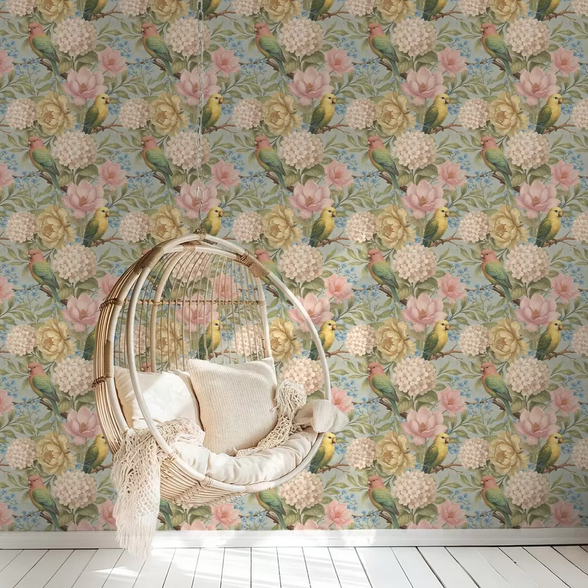 Ταπετσαρία Παπαγάλοι ανάμεσα σε παιώνιες, ορτανσίες και μανόλιες a00747