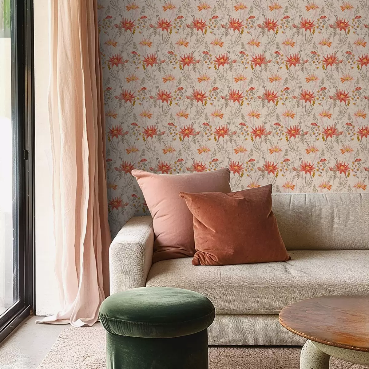 Ταπετσαρία Αγριολούλουδα σε ζεστούς τόνους σε μπεζ φόντο a00751