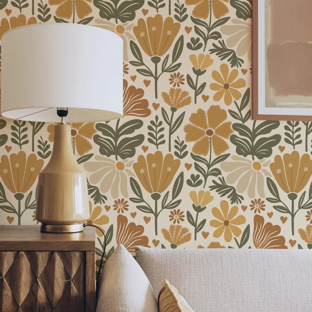 Ταπετσαρία Στυλιζαρισμένα λουλούδια σε ζεστούς τόνους με καρδιές a00752