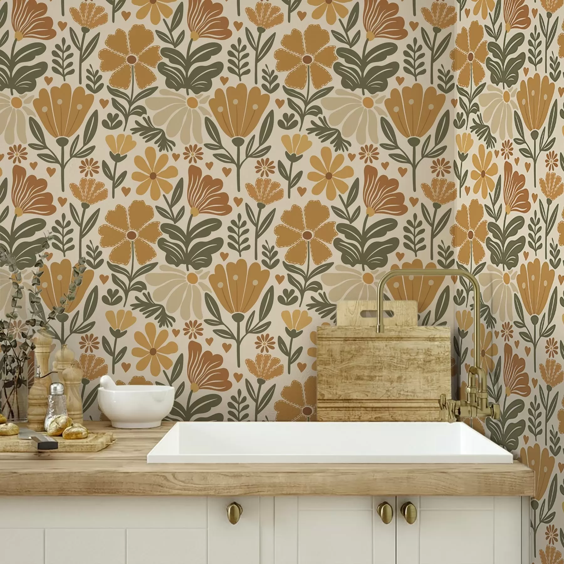 τοιχογραφίες Στυλιζαρισμένα λουλούδια σε ζεστούς τόνους με καρδιές a00752