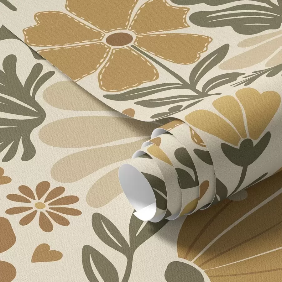 τοιχογραφίες Στυλιζαρισμένα λουλούδια σε ζεστούς τόνους με καρδιές a00752