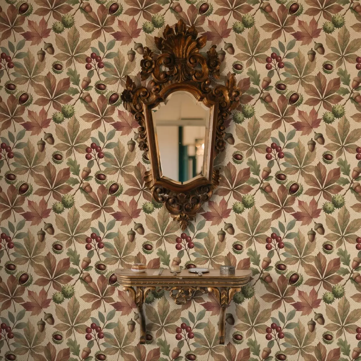 Ταπετσαρία Φθινοπωρινά φύλλα, βελανίδια και μούρα σε μπεζ φόντο a00754