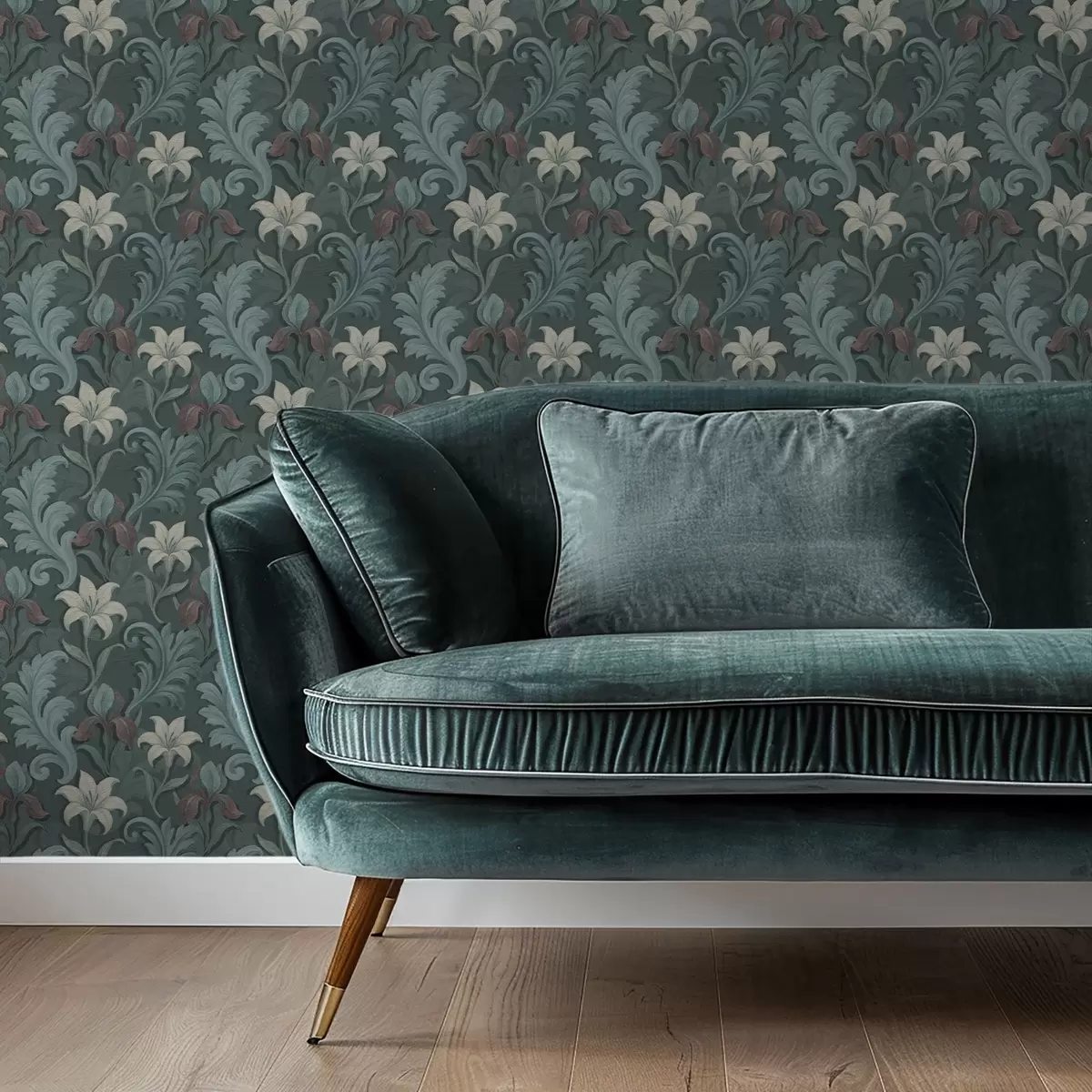 Ταπετσαρία Σκούρο πράσινο φόντο με ίριδες και διακοσμητικά φύλλα a00755