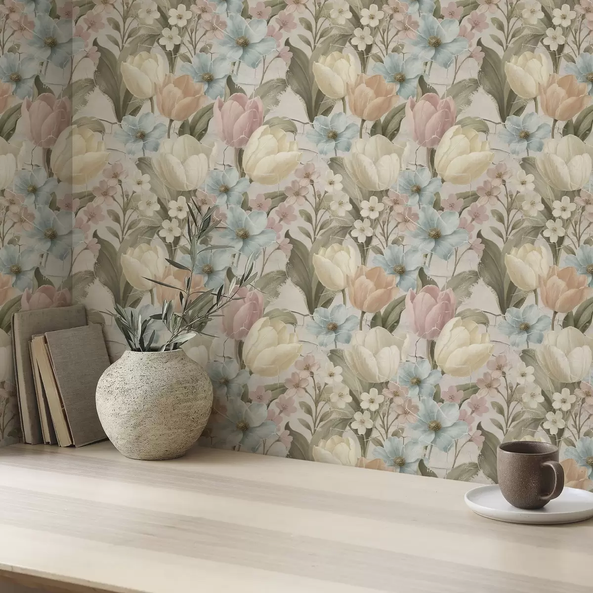 Ταπετσαρία Παστέλ τουλίπες και λουλούδια σε ανοιχτόχρωμο φόντο με ρωγμές a00756