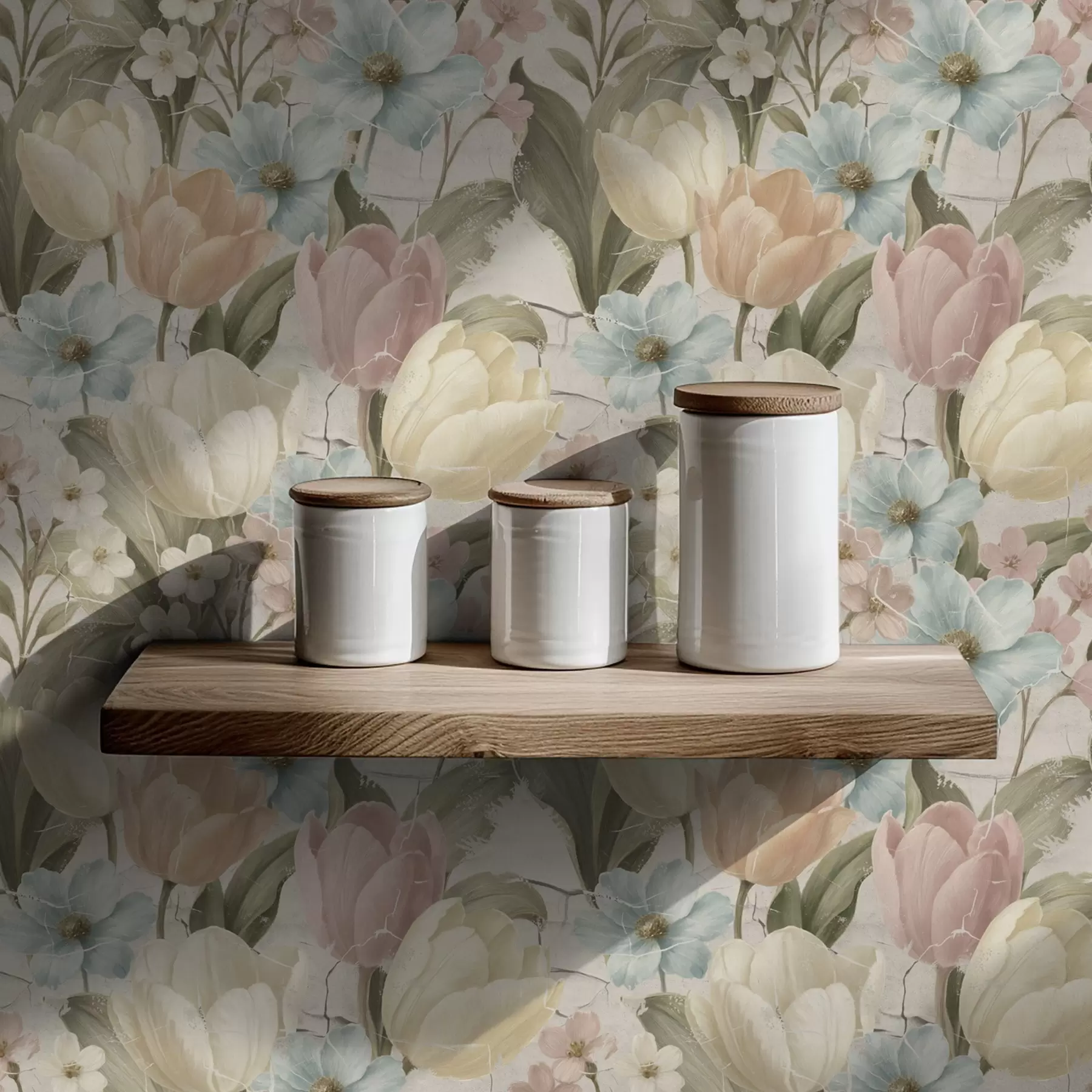 τοιχογραφίες Παστέλ τουλίπες και λουλούδια σε ανοιχτόχρωμο φόντο με ρωγμές a00756