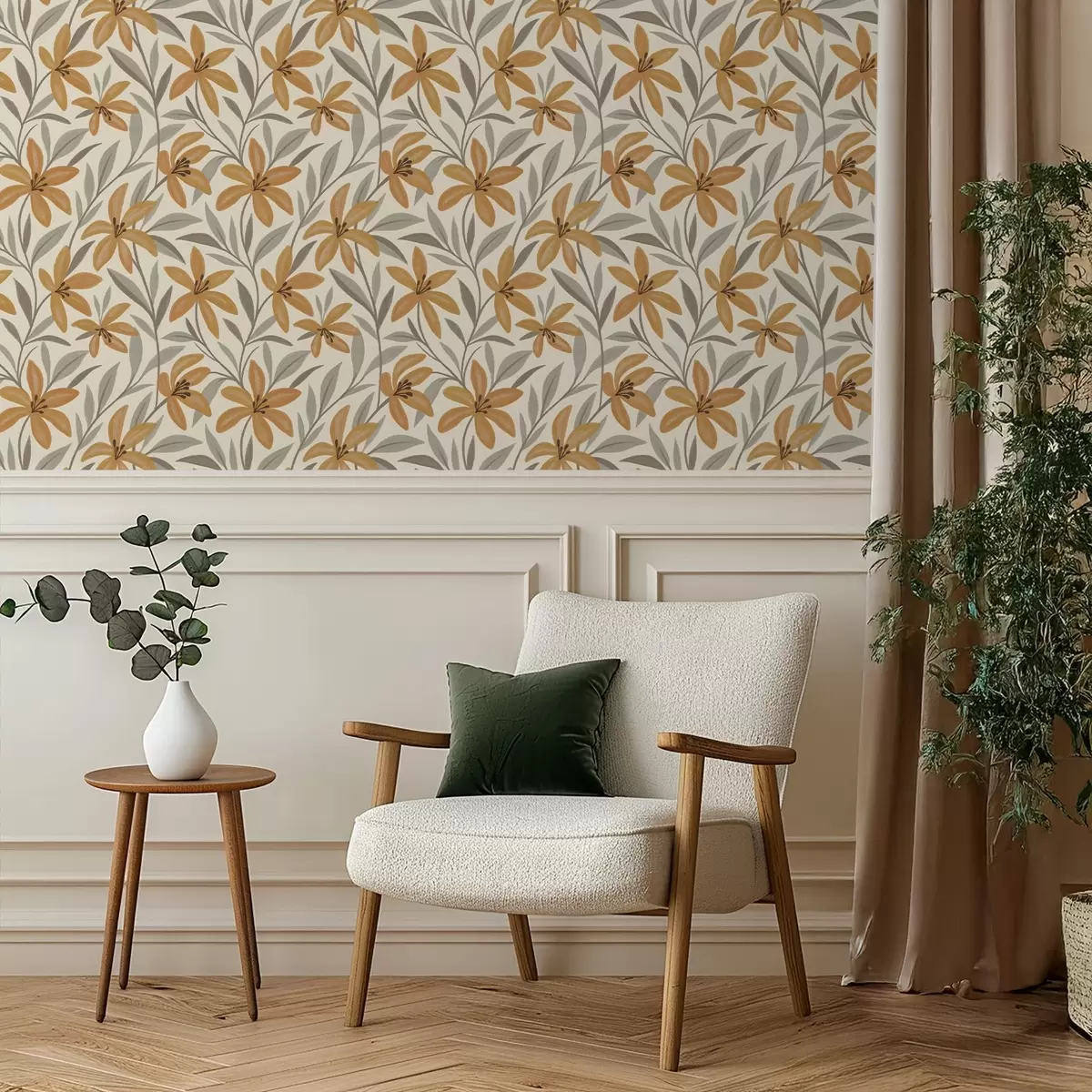 Ταπετσαρία Κίτρινα κρίνα και γκριζοπράσινα φύλλα σε ανοιχτόχρωμο φόντο a00757