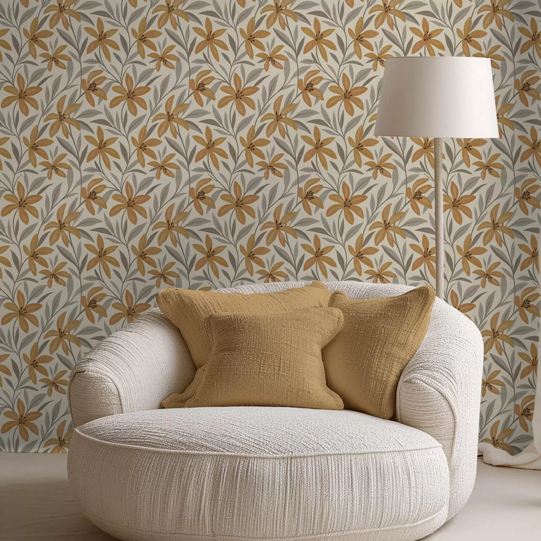 τοιχογραφίες Κίτρινα κρίνα και γκριζοπράσινα φύλλα σε ανοιχτόχρωμο φόντο a00757