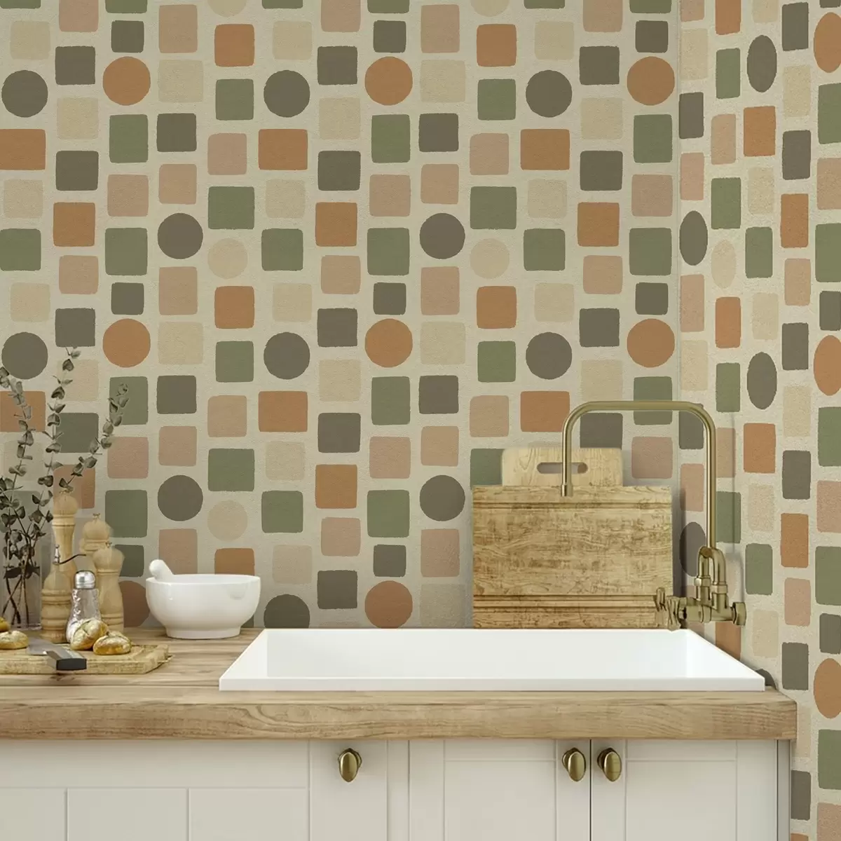 Ταπετσαρία Γεωμετρικό μοτίβο από τετράγωνα και κύκλους σε ζεστούς τόνους a00759 Ταπετσαρία Γεωμετρικό μοτίβο από τετράγωνα και κύκλους σε ζεστούς τόνους a00759