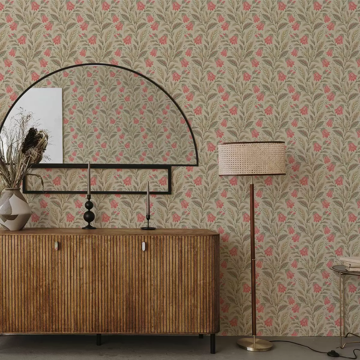 Ταπετσαρία Μικρά λουλούδια με καμπάνες σε ροζ-πράσινη παλέτα a00760