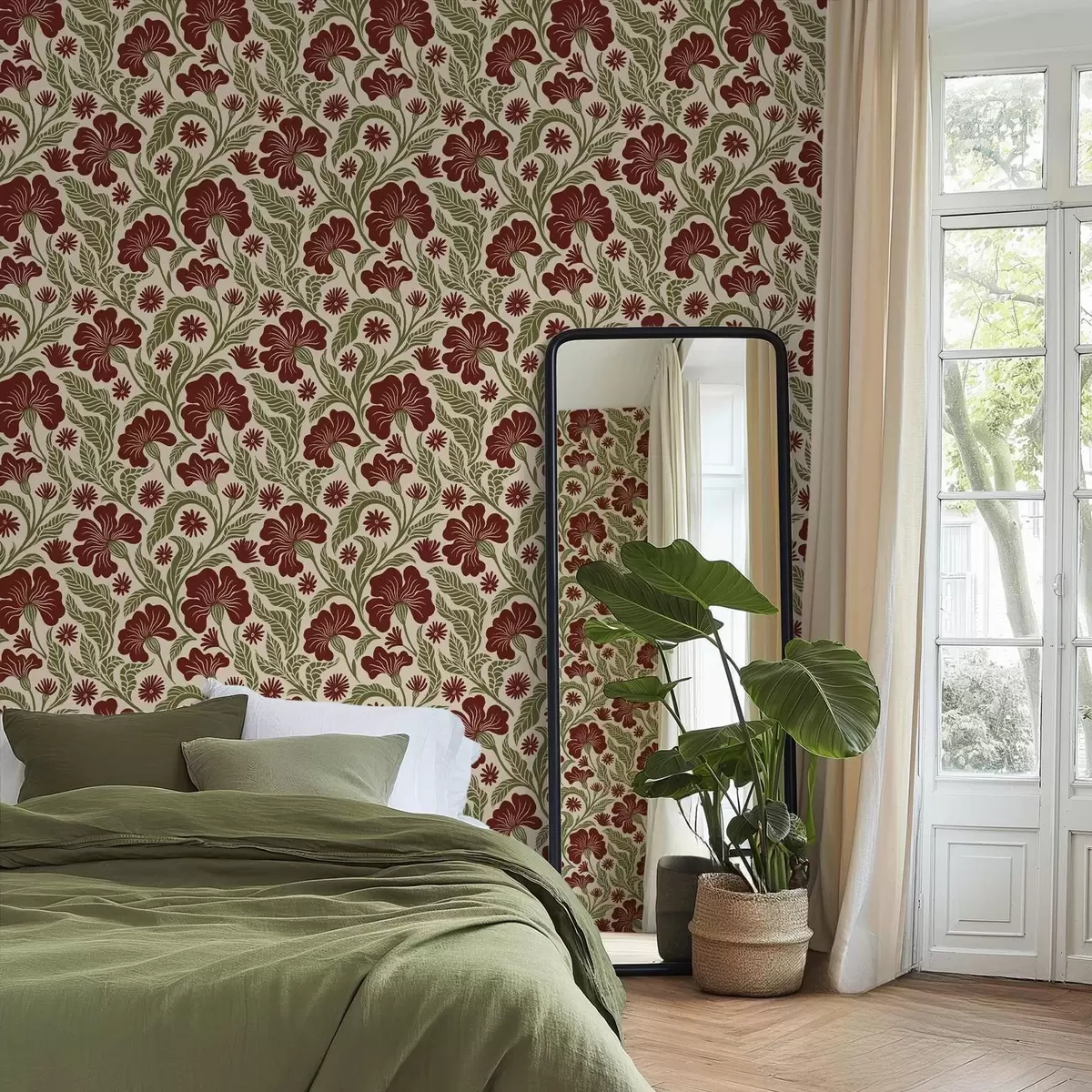 Ταπετσαρία Μπορντό λουλούδια με πράσινα φύλλα σε ανοιχτόχρωμο φόντο a00761