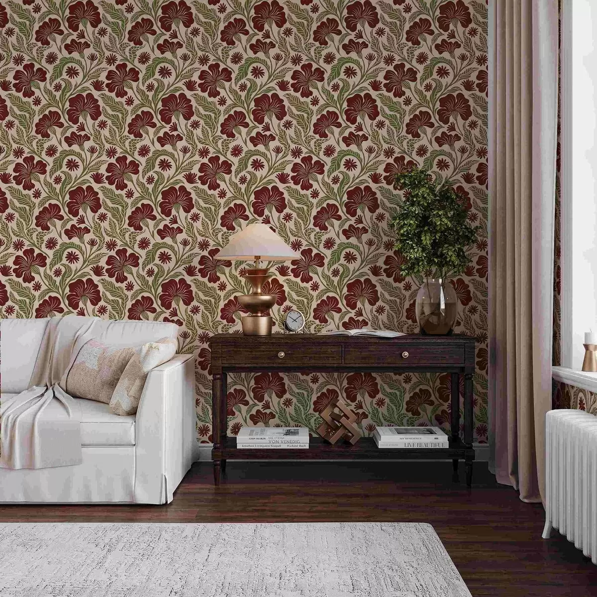 Ταπετσαρία Μπορντό λουλούδια με πράσινα φύλλα σε ανοιχτόχρωμο φόντο a00761