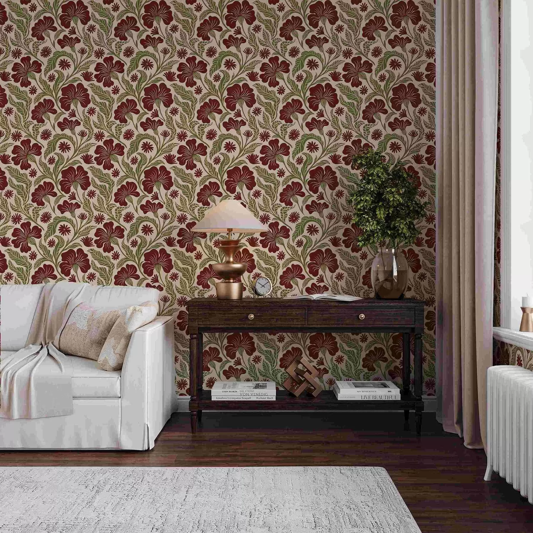 τοιχογραφίες Μπορντό λουλούδια με πράσινα φύλλα σε ανοιχτόχρωμο φόντο a00761