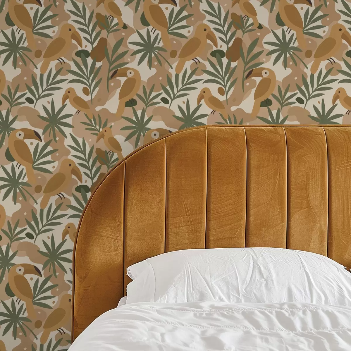 Ταπετσαρία Στυλιζαρισμένοι τουκάνοι ανάμεσα σε φύλλα φοίνικα a00762