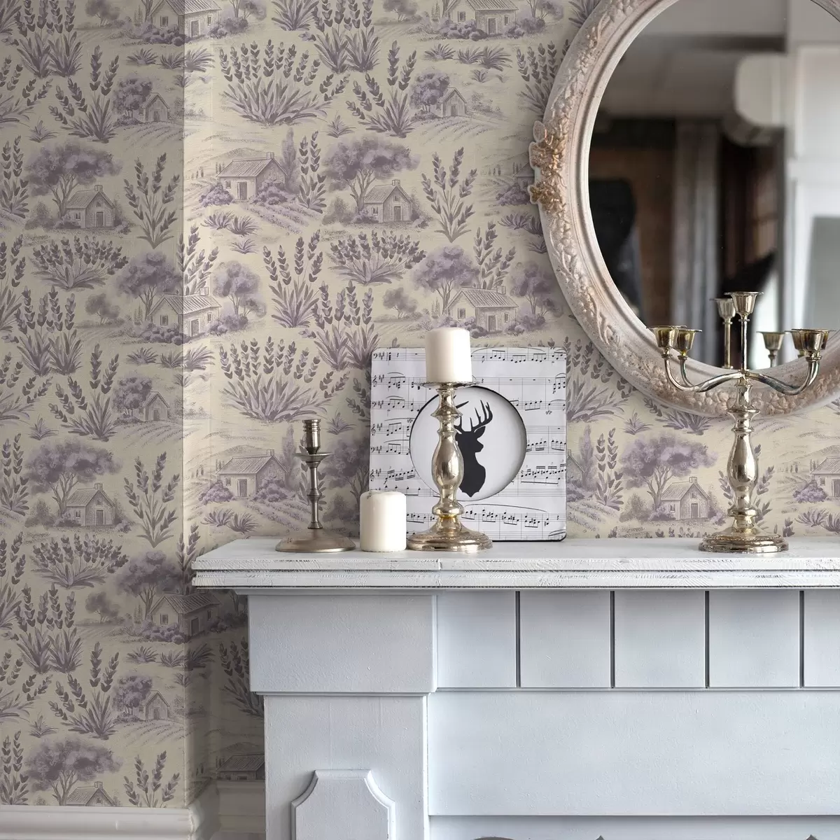 Ταπετσαρία Λεβάντα και σπίτια σε παστέλ αποχρώσεις a00765