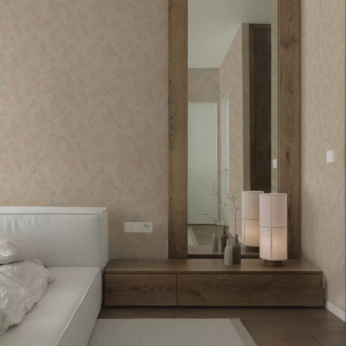 Ταπετσαρία Κυπρίνοι ανάμεσα σε λουλούδια σε απαλές αποχρώσεις του μπεζ-ροζ a00766