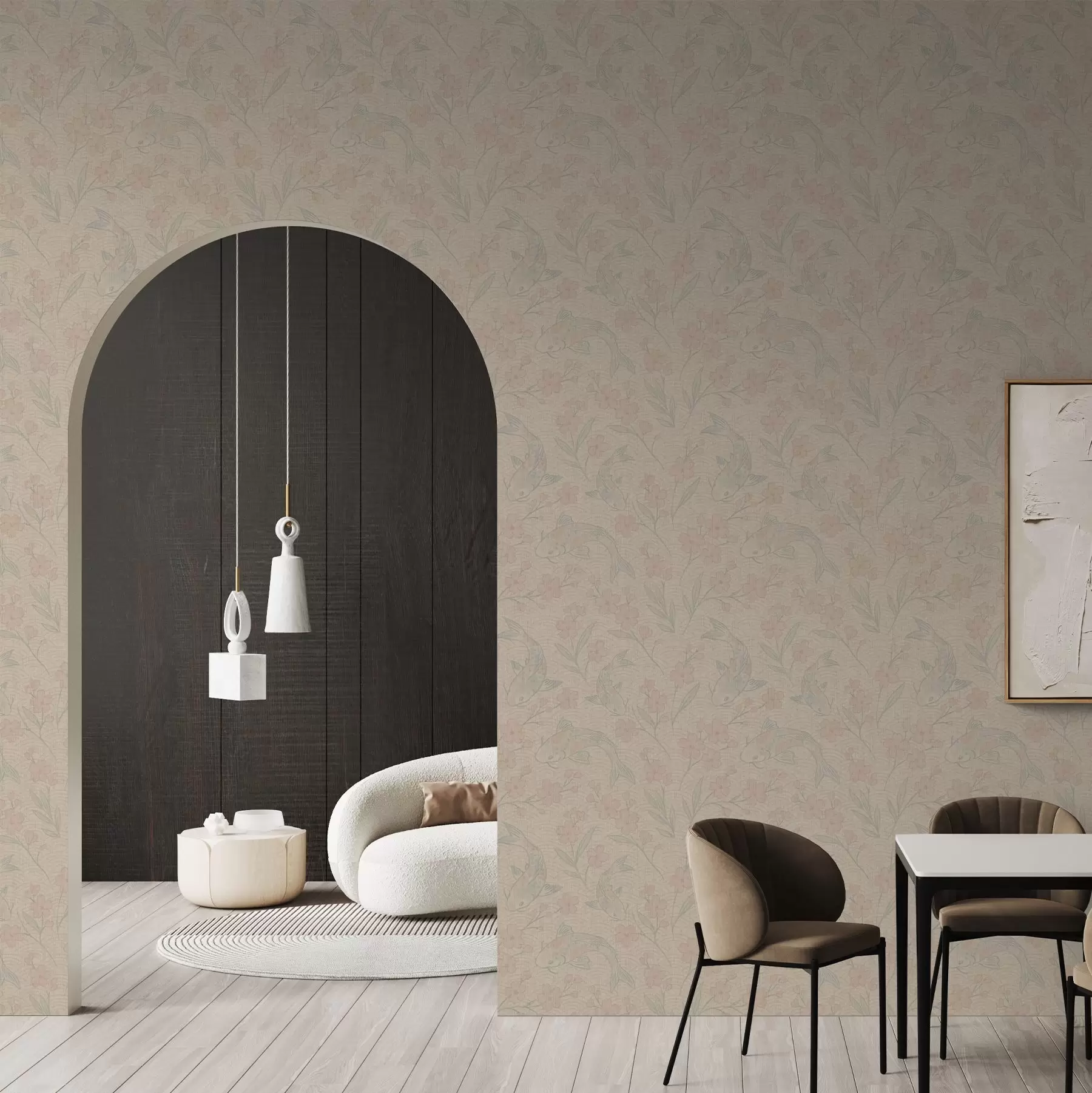 τοιχογραφίες Κυπρίνοι ανάμεσα σε λουλούδια σε απαλές αποχρώσεις του μπεζ-ροζ a00766