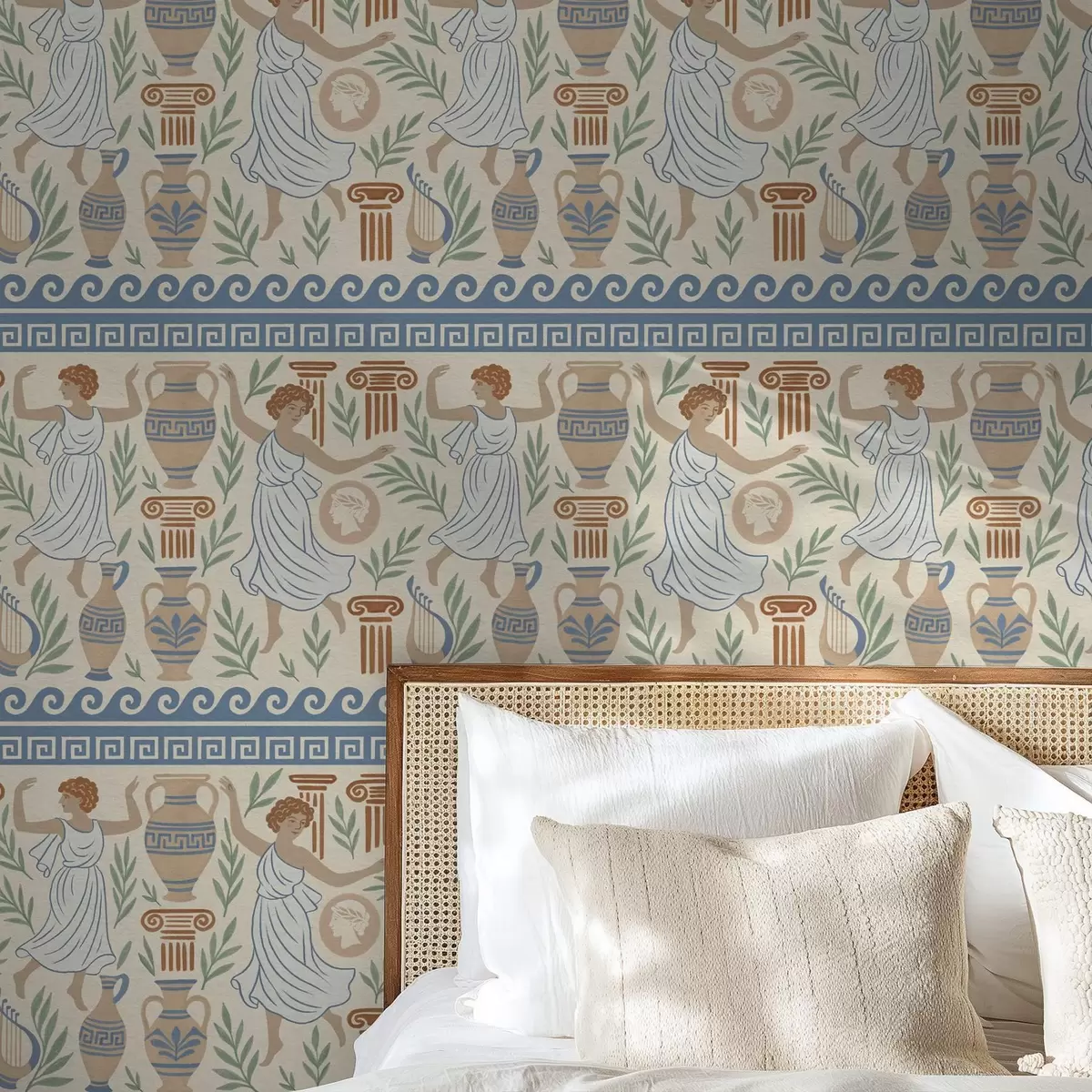 Ταπετσαρία Αρχαίο ελληνικό κόσμημα με μορφές, αγγεία και κολόνες a00768