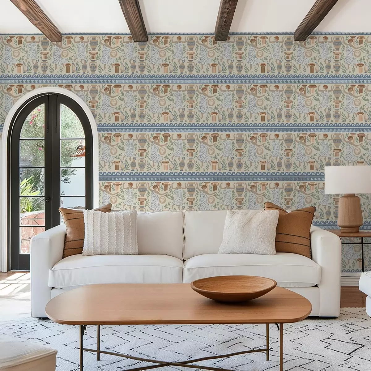 Ταπετσαρία Αρχαίο ελληνικό κόσμημα με μορφές, αγγεία και κολόνες a00768