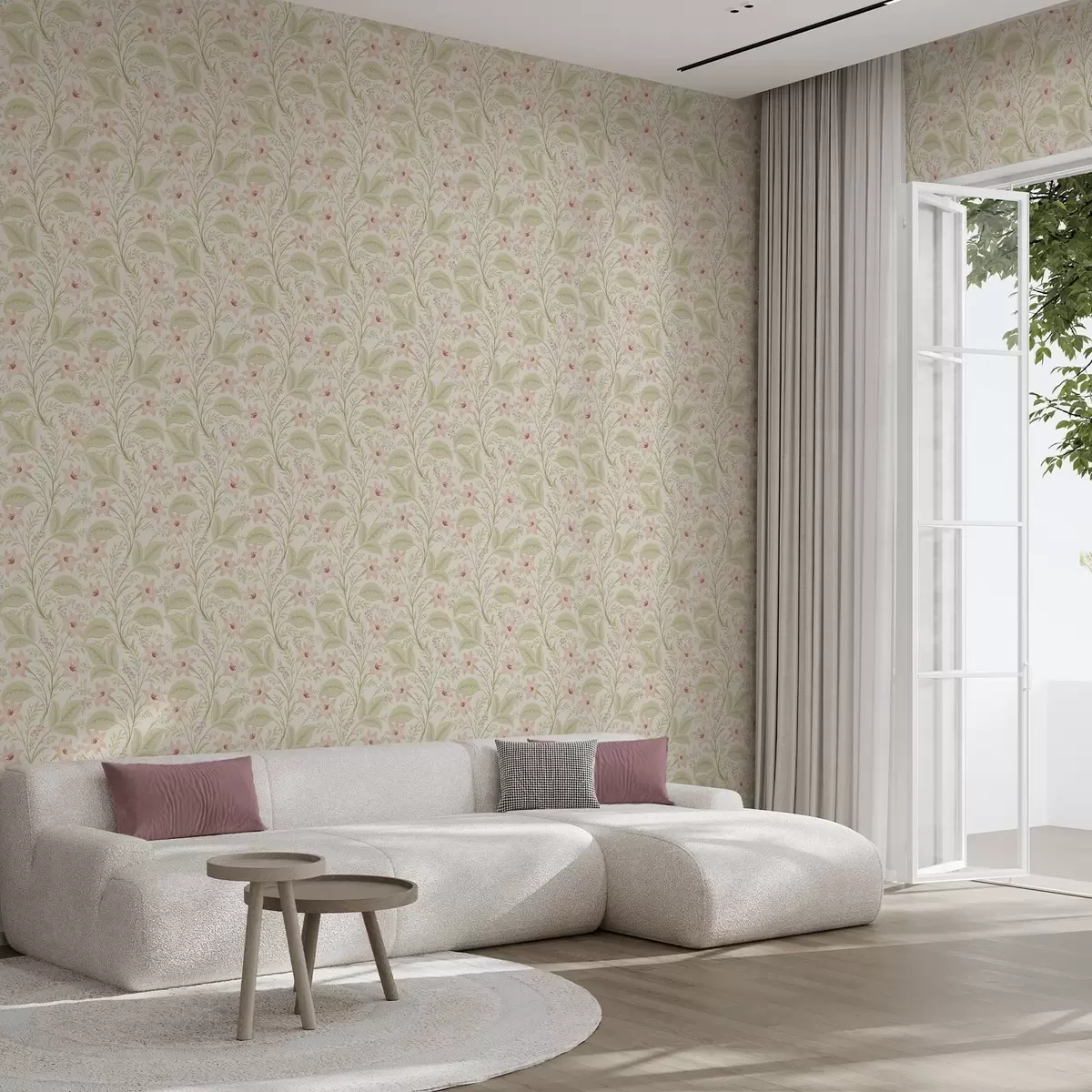 Ταπετσαρία Λεπτά λουλούδια και φύλλα σε παστέλ αποχρώσεις a00771