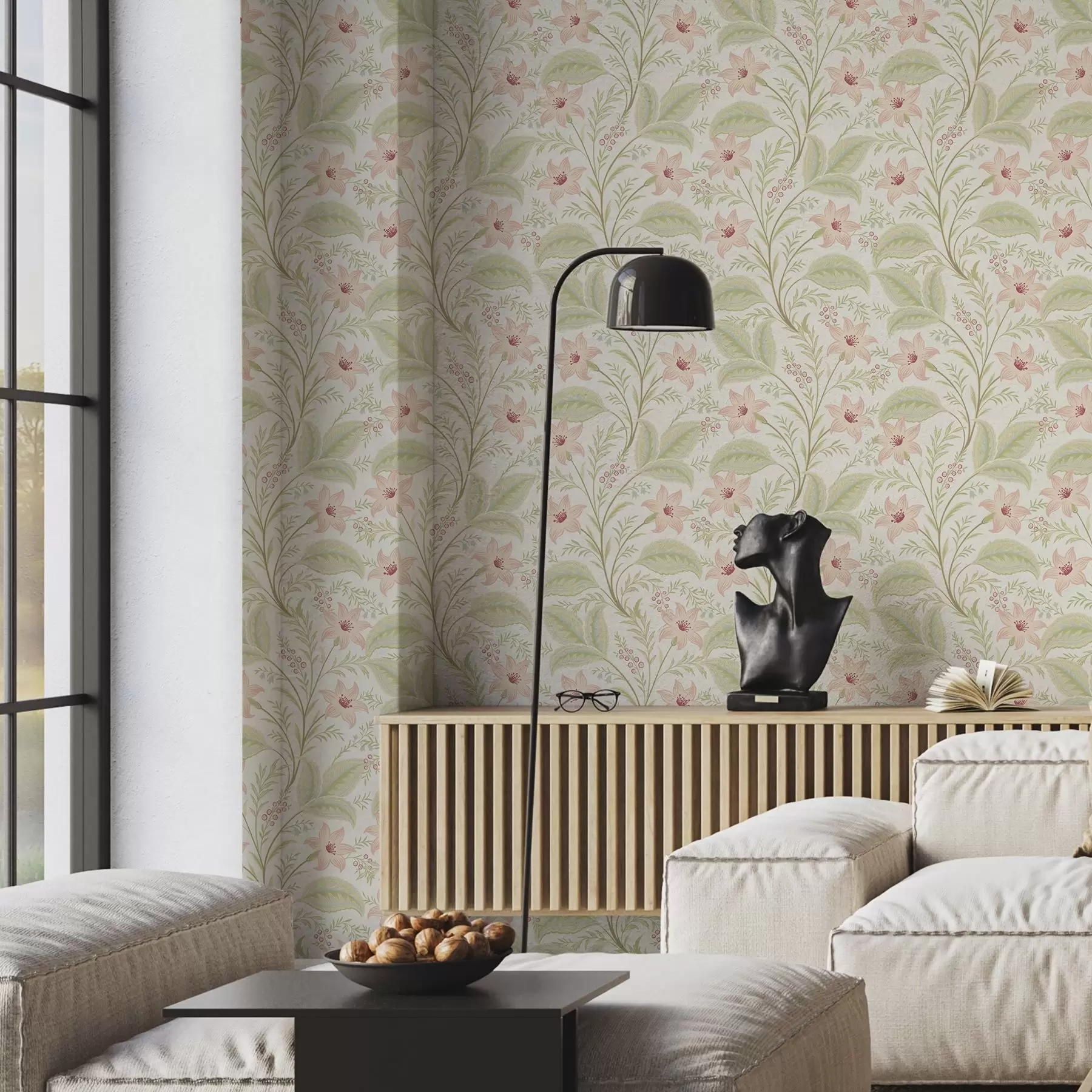 τοιχογραφίες Λεπτά λουλούδια και φύλλα σε παστέλ αποχρώσεις a00771