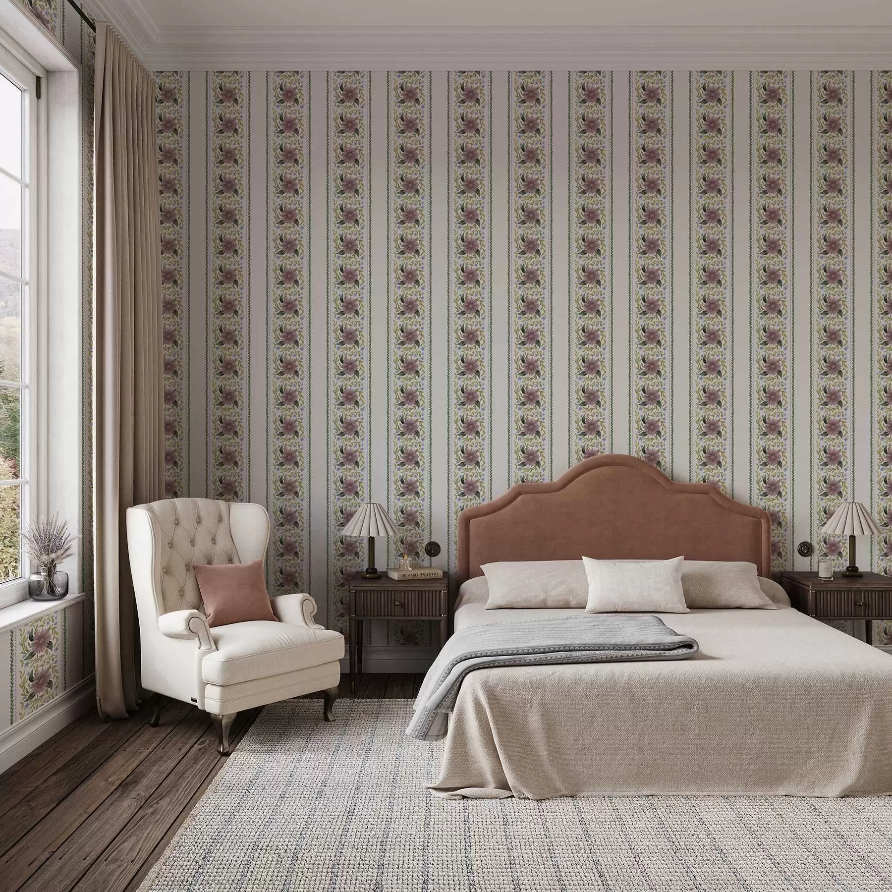 τοιχογραφίες Κάθετες λουλουδάτες ρίγες σε λιλά-μπλε αποχρώσεις a00809