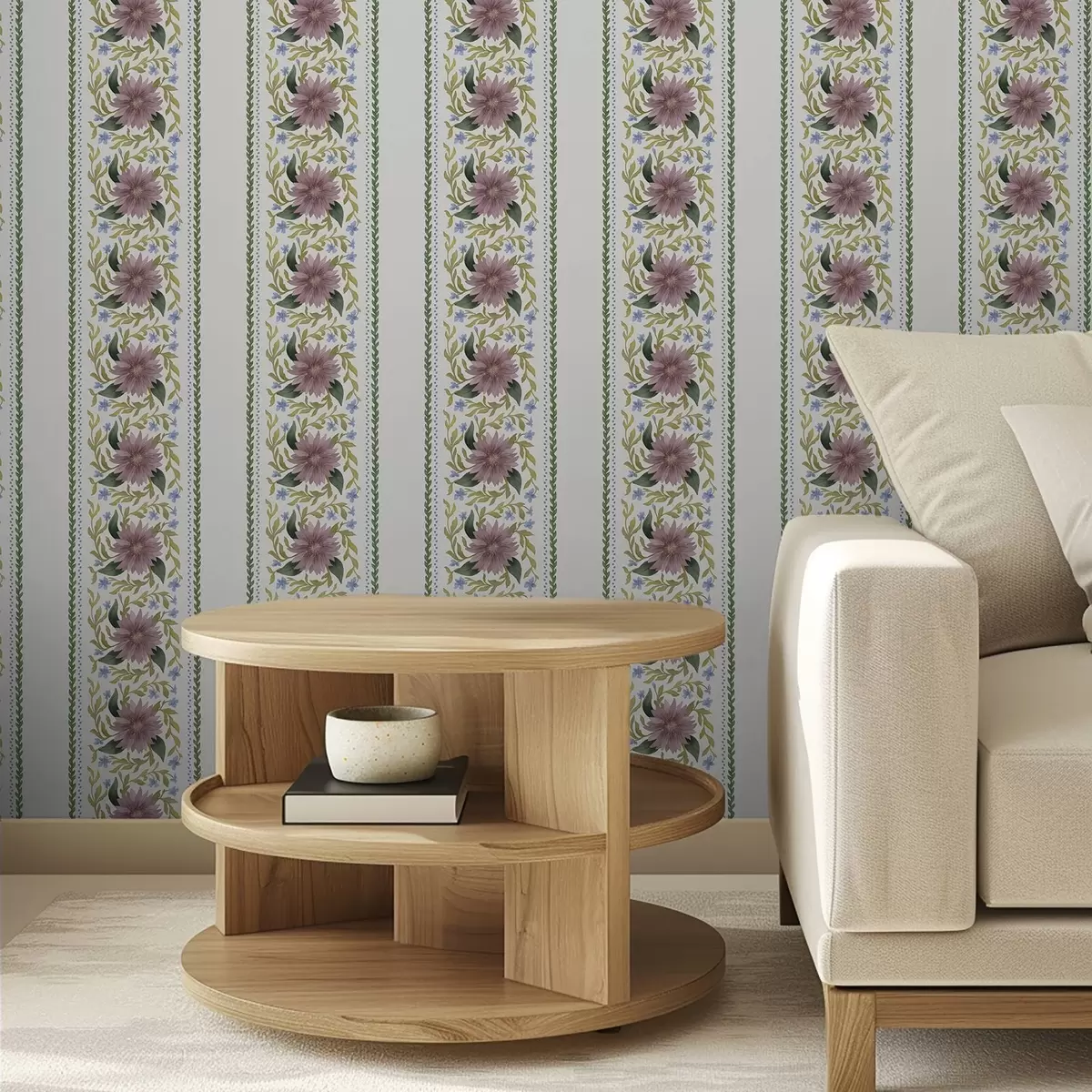 Ταπετσαρία Κάθετες λουλουδάτες ρίγες σε λιλά-μπλε αποχρώσεις a00809