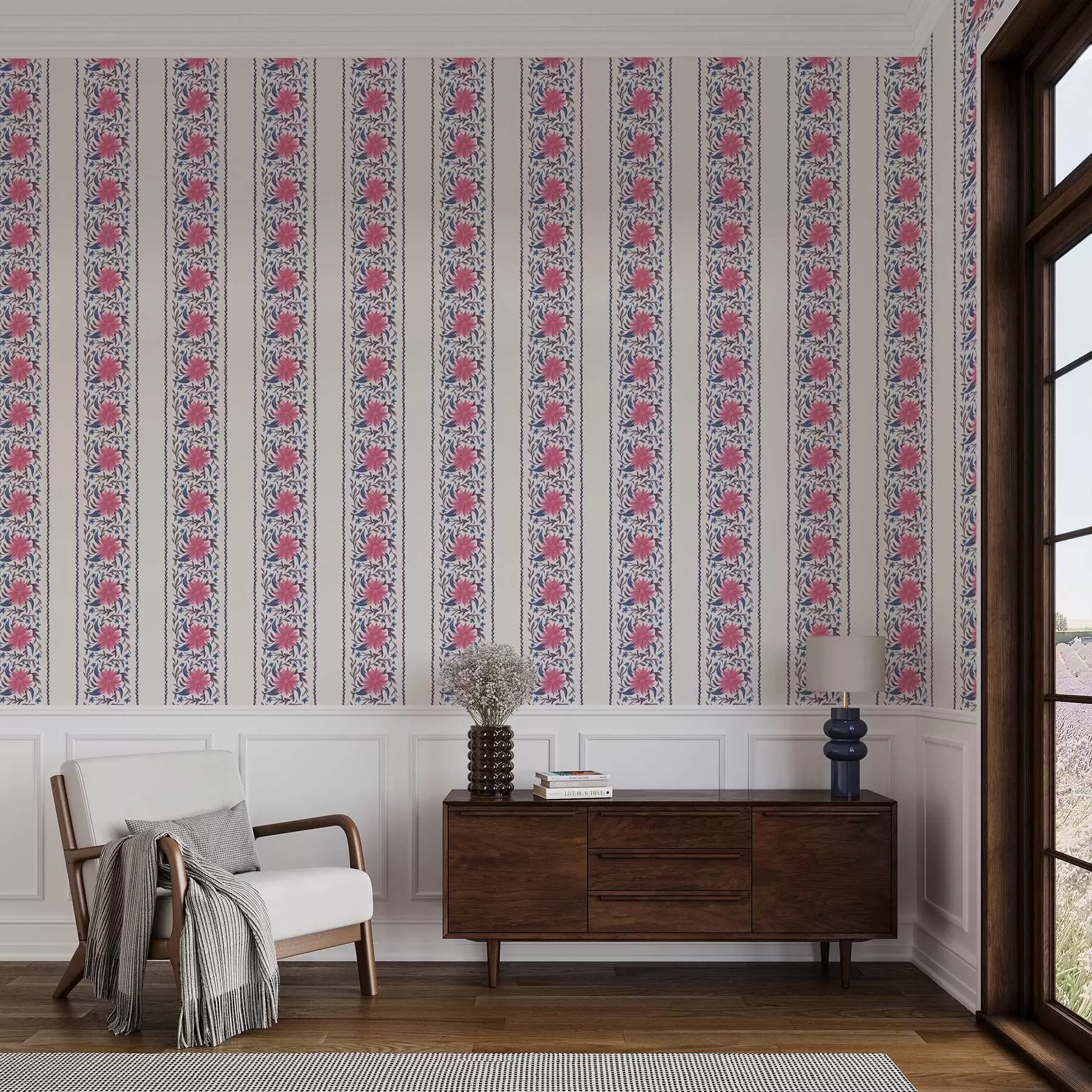 τοιχογραφίες Κάθετες λουλουδάτες ρίγες σε ροζ-μοβ αποχρώσεις a00810