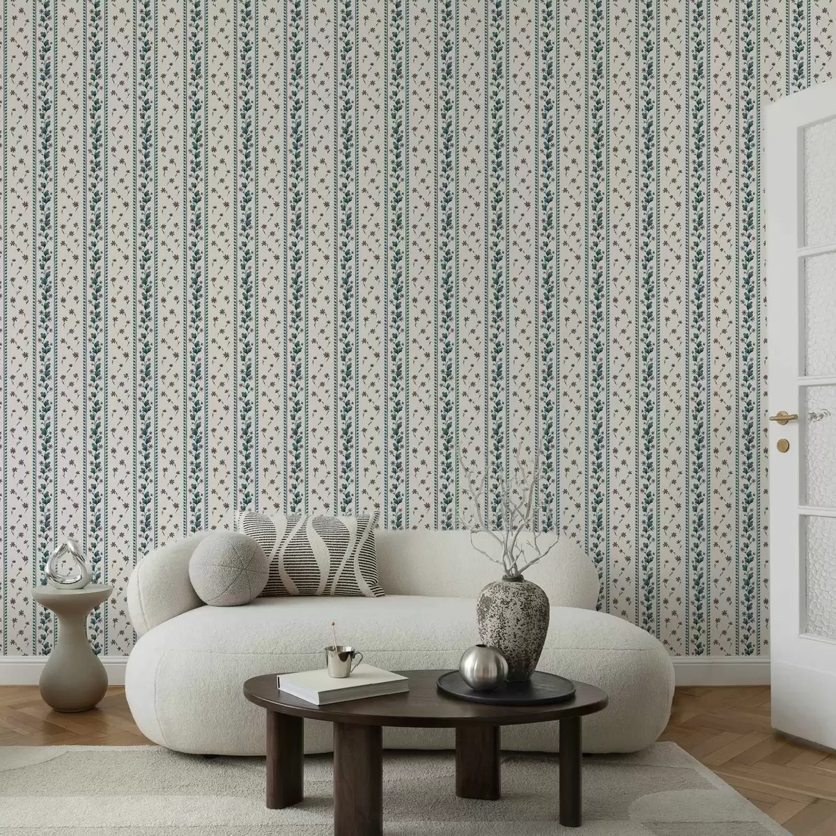 Ταπετσαρία Κάθετες λουλουδάτες ρίγες σε μπλε-καφέ αποχρώσεις a00811