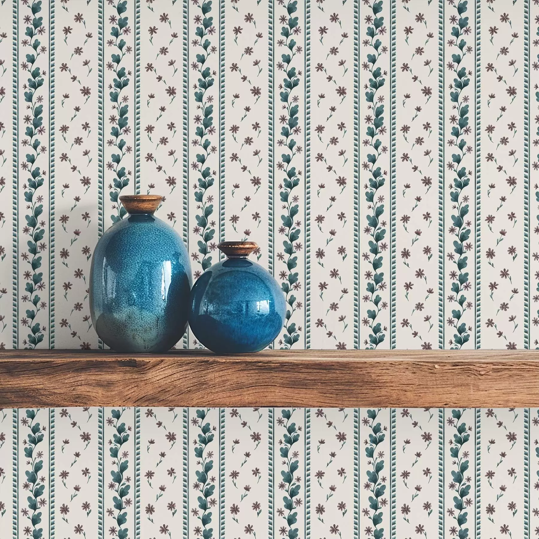 τοιχογραφίες Κάθετες λουλουδάτες ρίγες σε μπλε-καφέ αποχρώσεις a00811