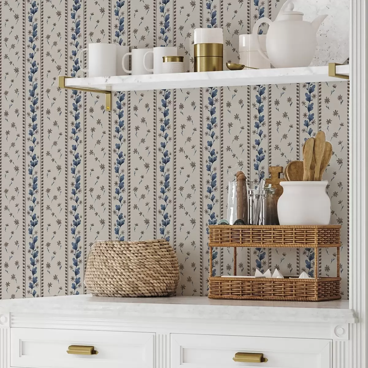 Ταπετσαρία Κάθετες λουλουδάτες ρίγες σε μπλε-καφέ αποχρώσεις a00811v3 Ταπετσαρία Κάθετες λουλουδάτες ρίγες σε μπλε-καφέ αποχρώσεις a00811v3