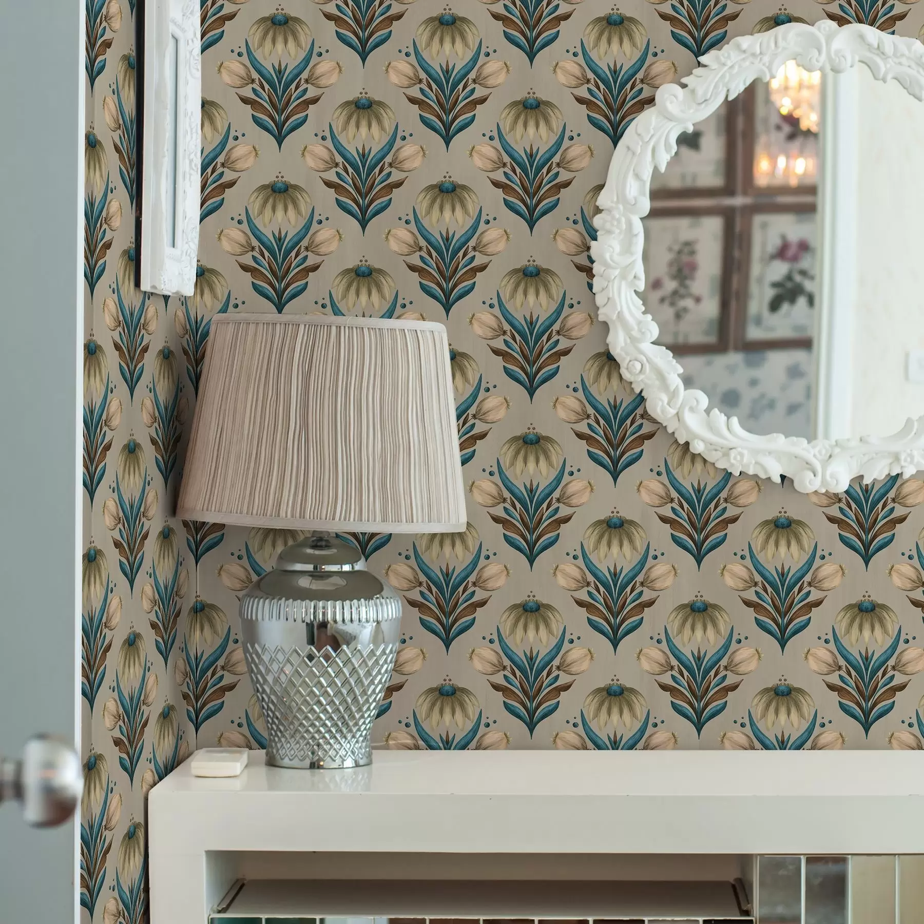 τοιχογραφίες Συμμετρικό floral μοτίβο σε ζεστούς τόνους a00812