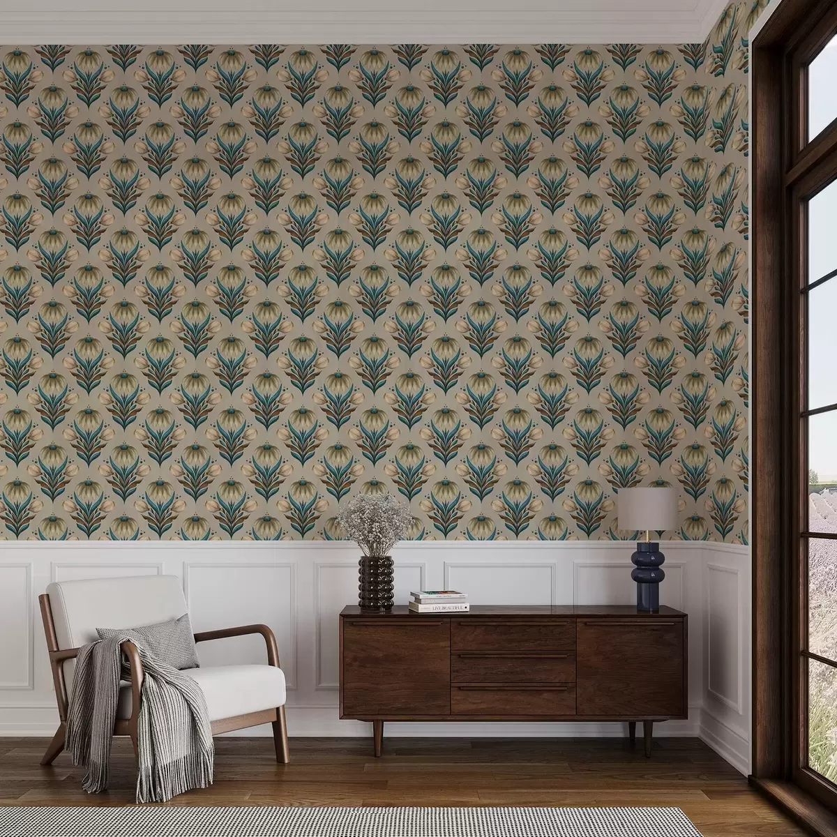 Ταπετσαρία Συμμετρικό floral μοτίβο σε ζεστούς τόνους a00812