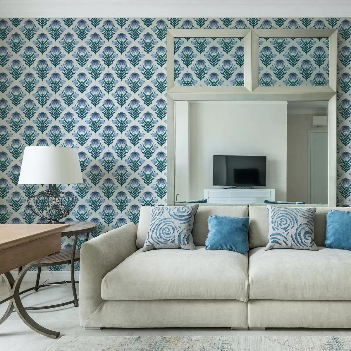 Ταπετσαρία Συμμετρικό φυτικό μοτίβο σε αποχρώσεις του μπλε και του λευκού a00812v2