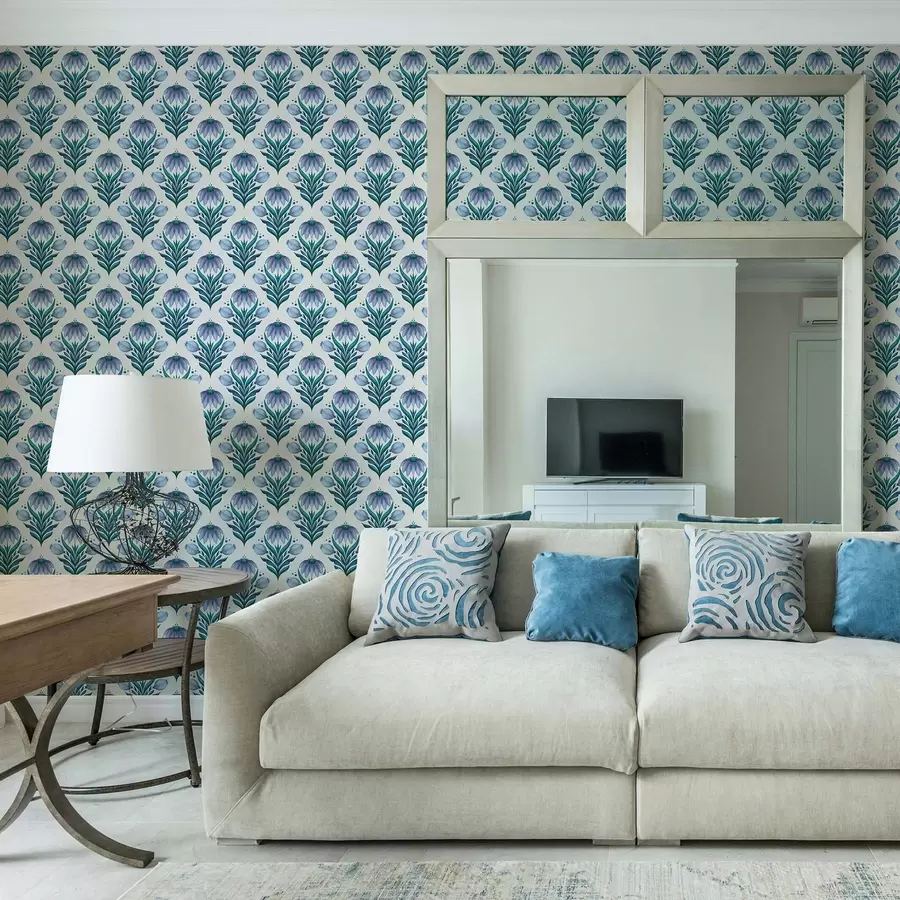 τοιχογραφίες Συμμετρικό φυτικό μοτίβο σε αποχρώσεις του μπλε και του λευκού a00812v2