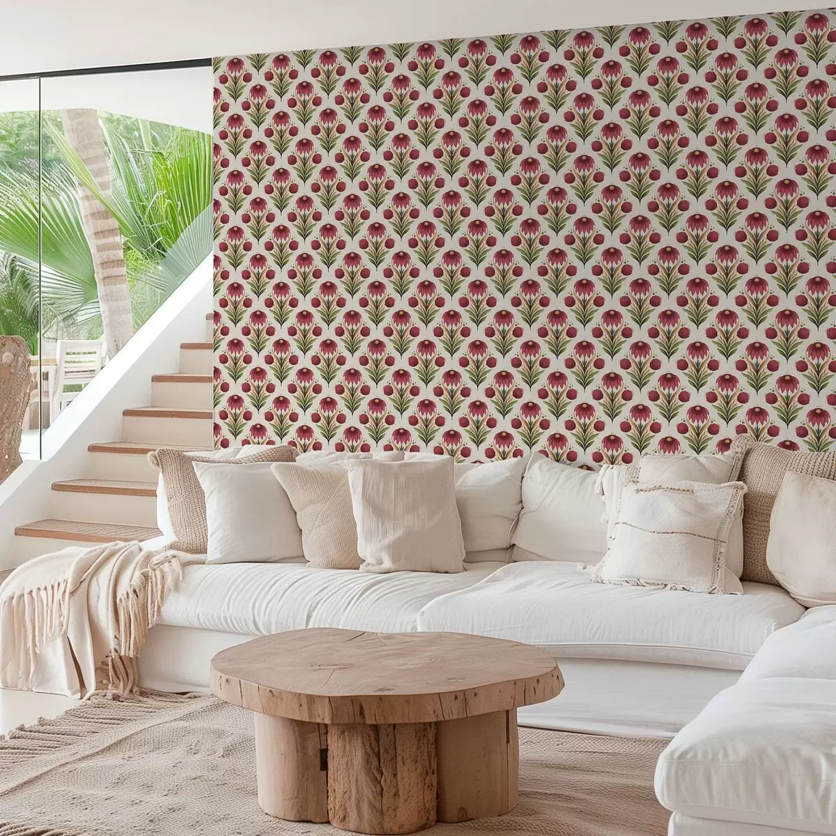 Ταπετσαρία Συμμετρικό φυτικό μοτίβο σε πλούσιους κόκκινους-πράσινους τόνους a00812v4