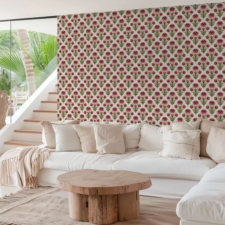 τοιχογραφίες Συμμετρικό φυτικό μοτίβο σε πλούσιους κόκκινους-πράσινους τόνους a00812v4