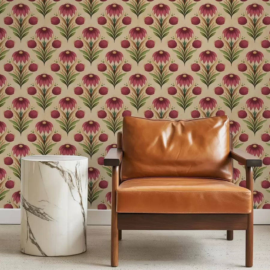 τοιχογραφίες Συμμετρικό floral μοτίβο σε ζεστό μπεζ φόντο a00812v6