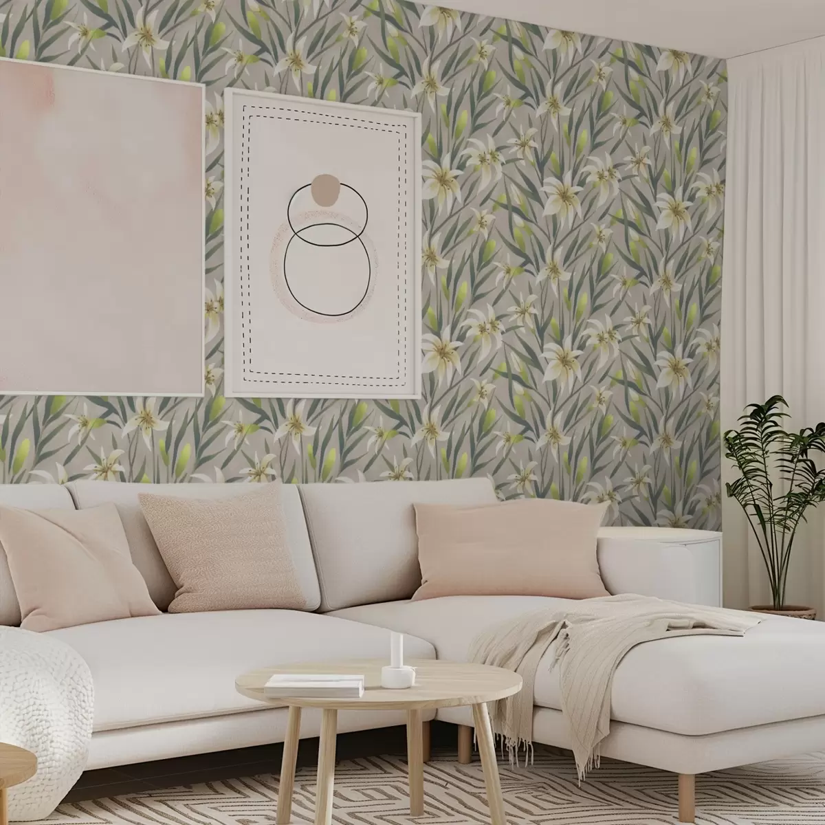 Ταπετσαρία Κρεμ κρίνους με φύλλα σε γκρι-μπεζ φόντο a00837