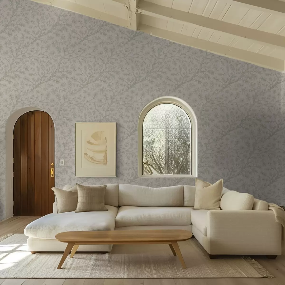 Ταπετσαρία Κλαδιά πεύκου σε ανοιχτό πράσινο χρώμα σε μπεζ φόντο a00838v1