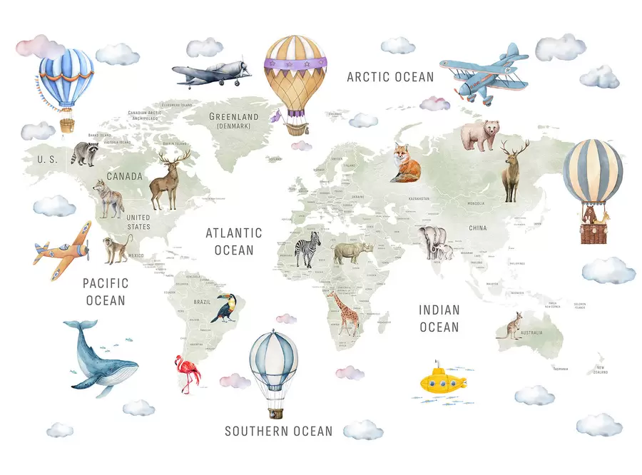 τοιχογραφίες Παιδικός χάρτης σε στυλ ακουαρέλας με ζώα και αερόστατα. Αγγλική γλώσσα. Πράσινο χρώμα. c00001en
