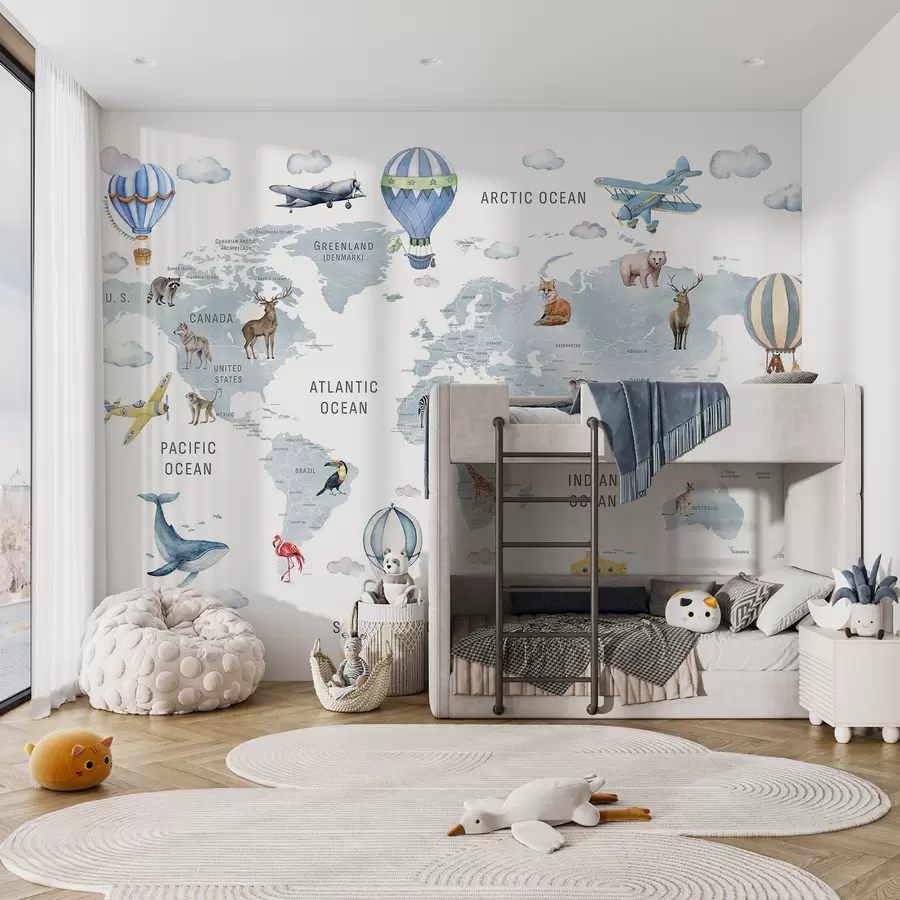 τοιχογραφίες Παιδικός χάρτης σε στυλ ακουαρέλας με ζώα και αερόστατα. Αγγλική γλώσσα. Μπλε χρώμα. c00001env1